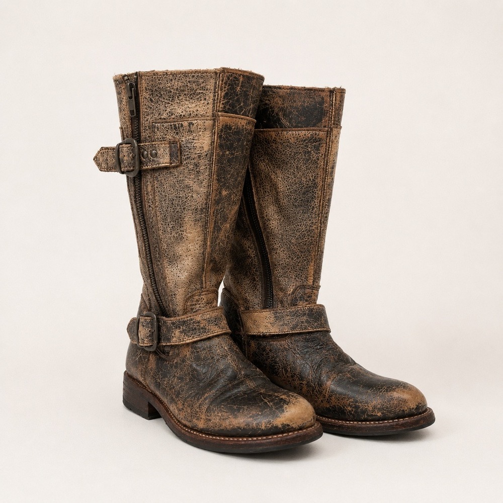 Bed Stu Gogo Lug Distressed Moto Buckle Boots Womens 6 Brown Grunge Western $335